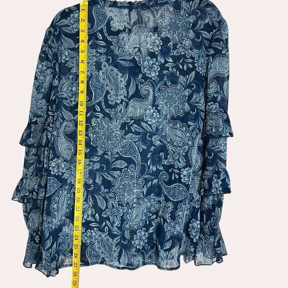 Frye and Co Floral Print Ruffle Sheer Metallic Thread Boho Pheasant Blouse (XL) - Picture 6 of 11